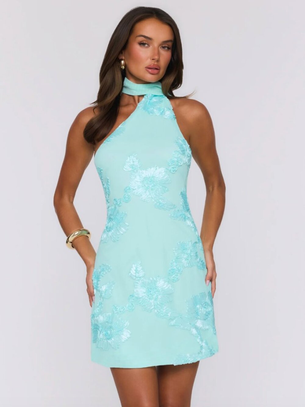 Hello Molly Aqua Teal Floral Mesh Halter Mini Dress NWT - Small